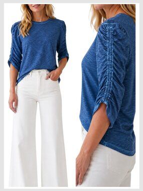 Veronica Beard Waldorf Tee Blue Ruched Sleeve Cotton Top M